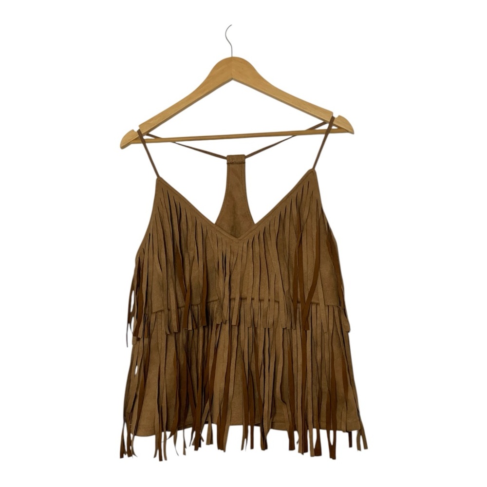 Faux Suede Fringe Brown Women's Spaghetti Strap Top Western Boho Chic Size Large